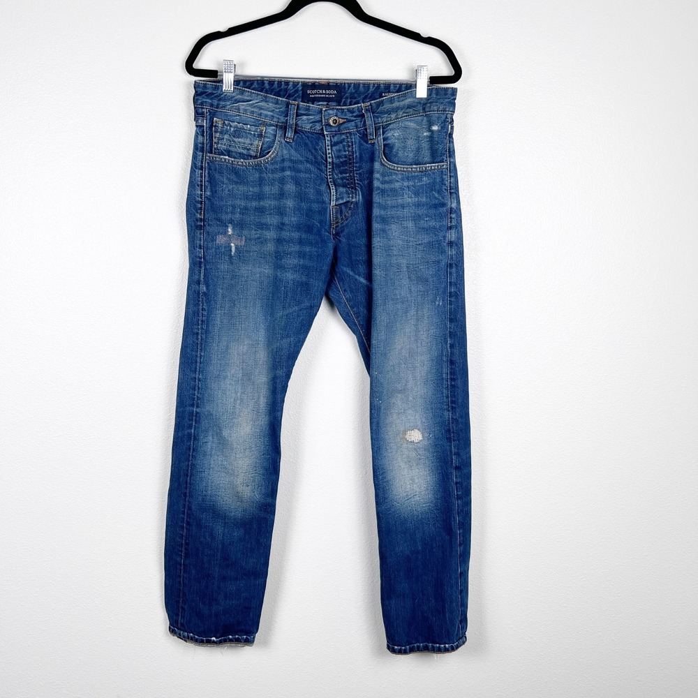 Scotch‎ & Soda Mens Ralston Slim Fit Jeans Blue Dark Wash 32x34 Distressed